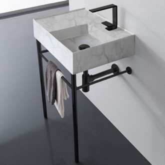 Console Bathroom Sink Marble Design Ceramic Console Sink and Matte Black Stand, 24
